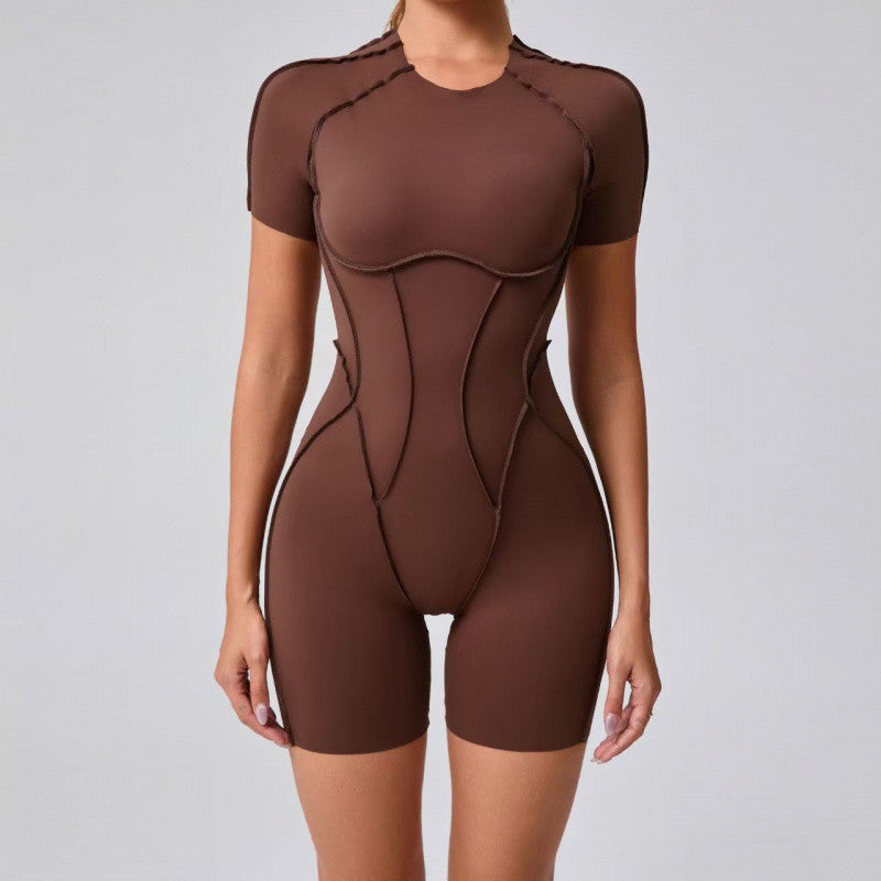 OOPAPAYA Sexy Backless Short-Sleeved Yoga Jumpsuit Quick-Dry Tight-Fitting Butt-Lifting Sports Fitness One-Piece Long Pants