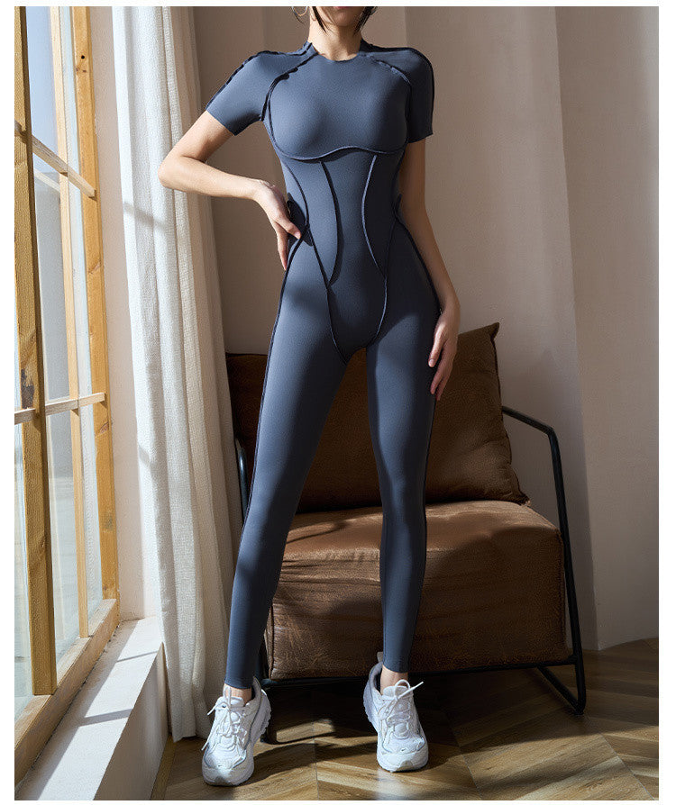 OOPAPAYA Sexy Backless Short-Sleeved Yoga Jumpsuit Quick-Dry Tight-Fitting Butt-Lifting Sports Fitness One-Piece Long Pants
