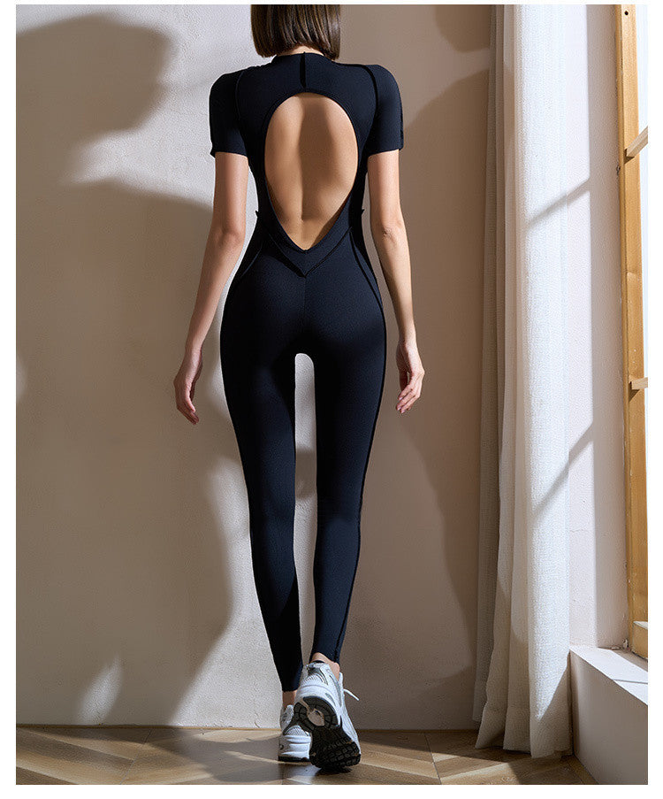 OOPAPAYA Sexy Backless Short-Sleeved Yoga Jumpsuit Quick-Dry Tight-Fitting Butt-Lifting Sports Fitness One-Piece Long Pants