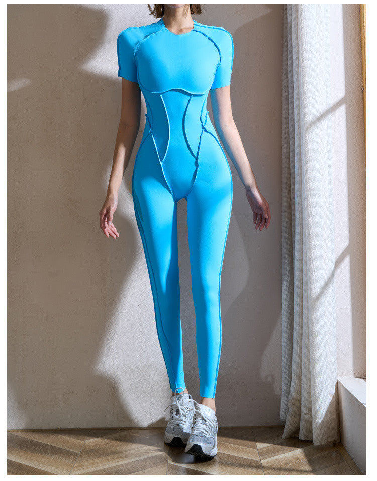 OOPAPAYA Sexy Backless Short-Sleeved Yoga Jumpsuit Quick-Dry Tight-Fitting Butt-Lifting Sports Fitness One-Piece Long Pants