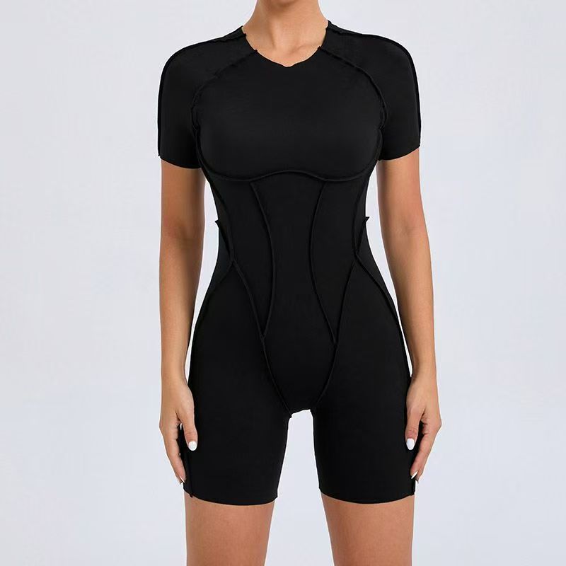 OOPAPAYA Sexy Backless Short-Sleeved Yoga Jumpsuit Quick-Dry Tight-Fitting Butt-Lifting Sports Fitness One-Piece Long Pants