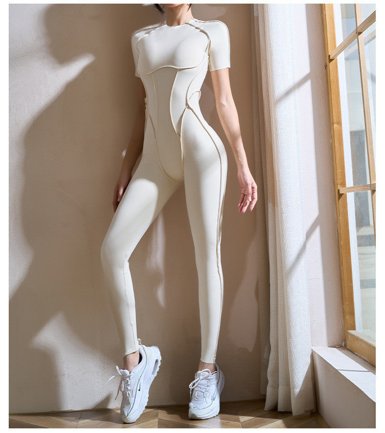 OOPAPAYA Sexy Backless Short-Sleeved Yoga Jumpsuit Quick-Dry Tight-Fitting Butt-Lifting Sports Fitness One-Piece Long Pants